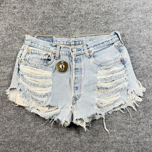 Levi's 501 Shorts Womens Blue Denim Distressed Frayed Hem Button Fly - W30